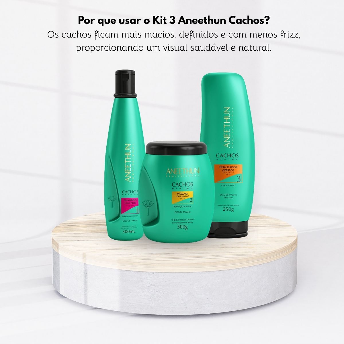 Kit Aneethun Cachos Shampoo 300 ml + Máscara 500 g + Finalizador Crespos 250 g para Cabelo Cacheado