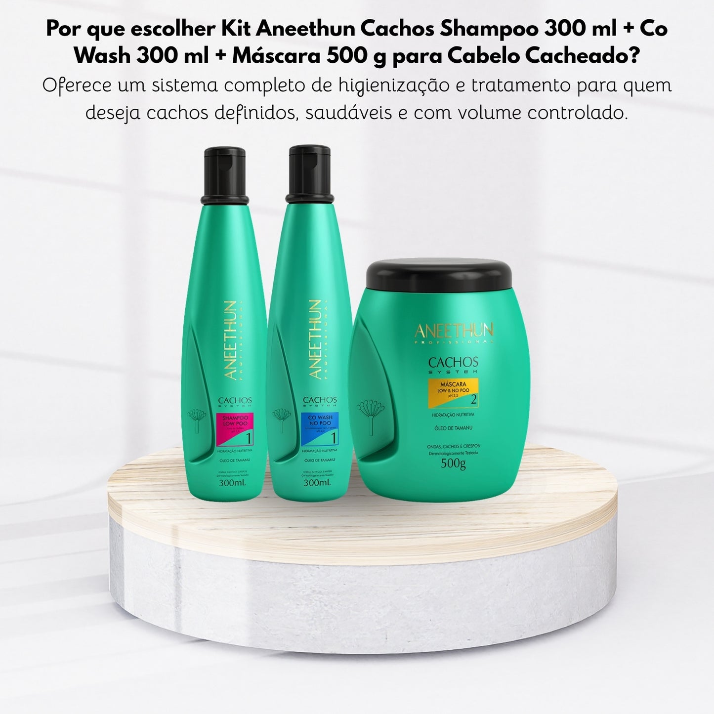 Kit Aneethun Cachos Shampoo 300 ml + Co Wash 300 ml + Máscara 500 g para Cabelo Cacheado