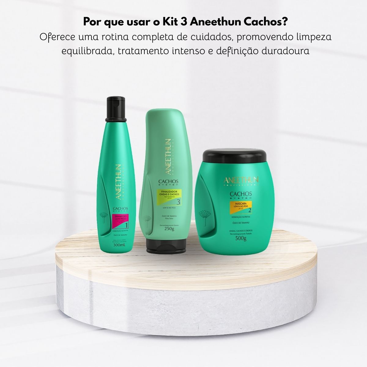 Kit Aneethun Cachos Shampoo 300 ml + Máscara 500 g + Finalizador Ondas e Cachos 250 g para Cabelo Cacheado