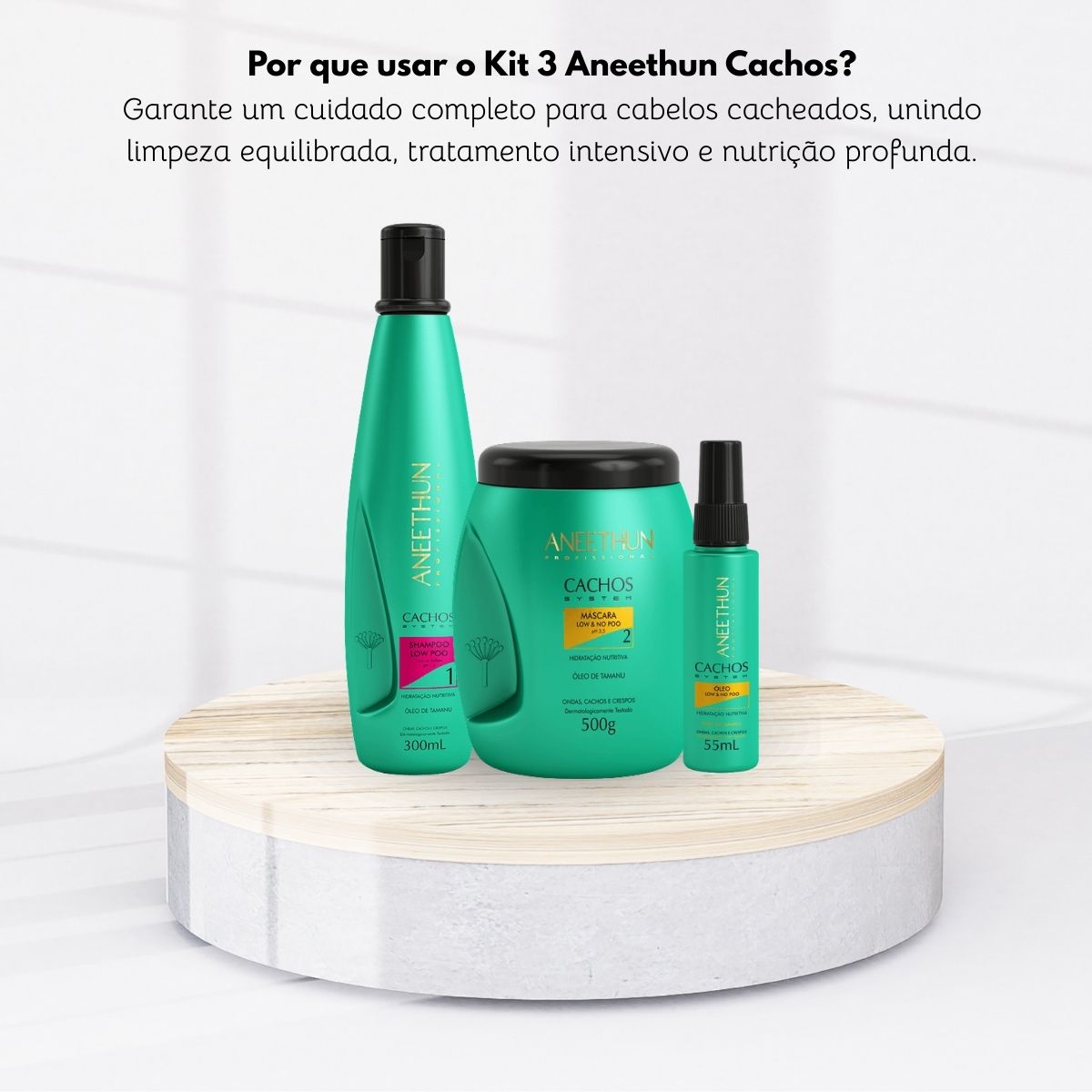 Kit Aneethun Cachos Shampoo 300 ml + Máscara 500 g + Oleo 55 ml para Cabelo Cacheado