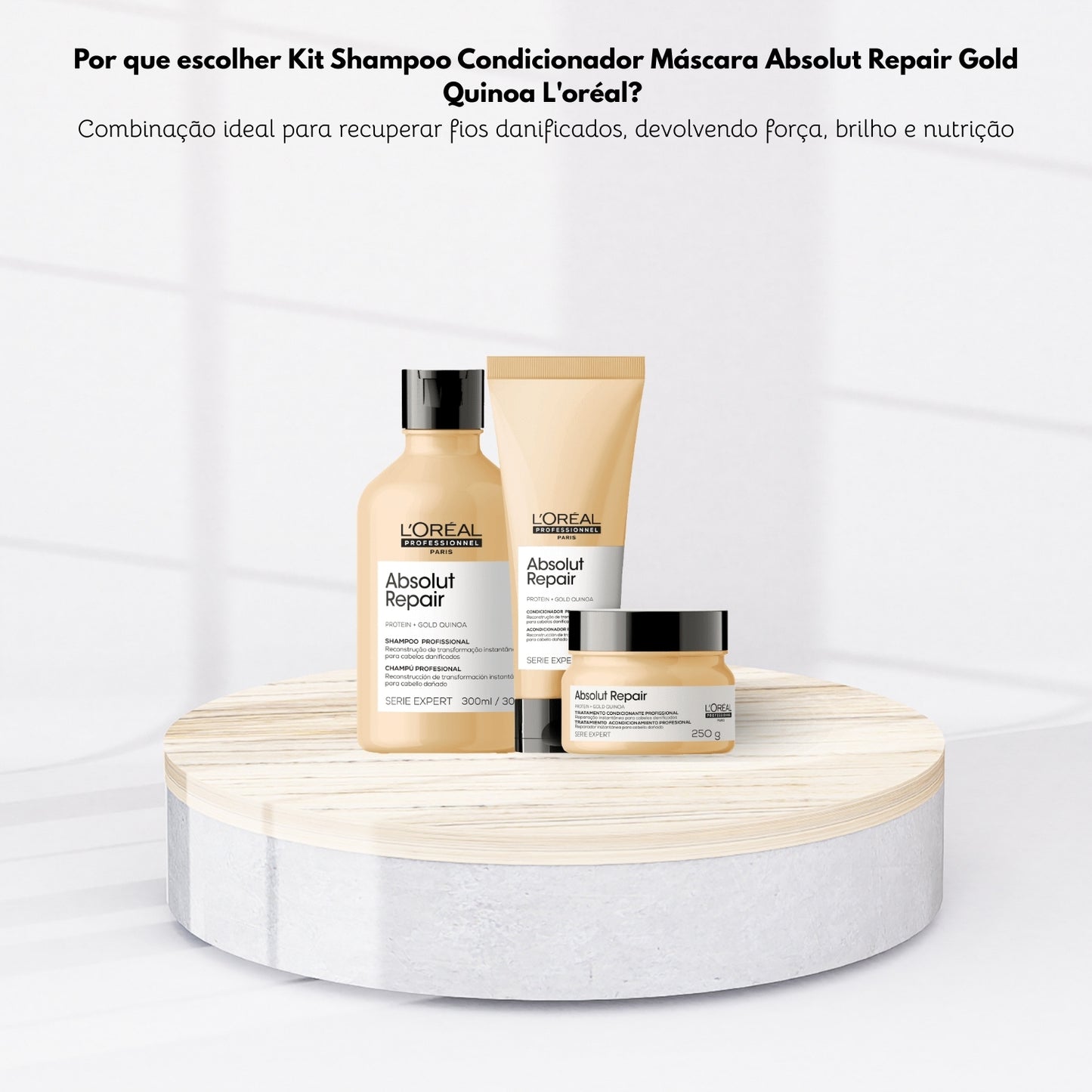 Kit Loreal Absolut Repair Gold Quinoa Shampoo 300 ml + Condicionador 200 ml + Máscara 250 g