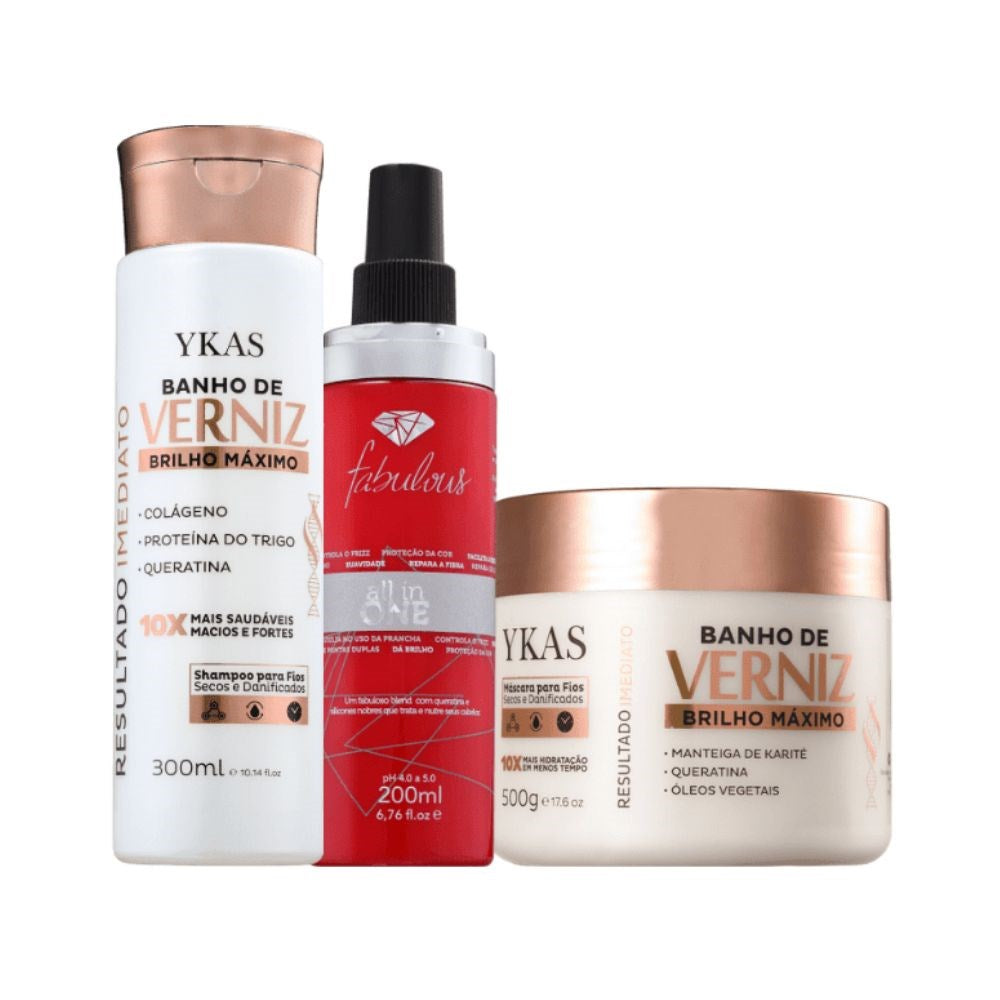 Kit Ykas Verniz Shampoo 300 ml + Máscara 500 g + All in One 250 ml