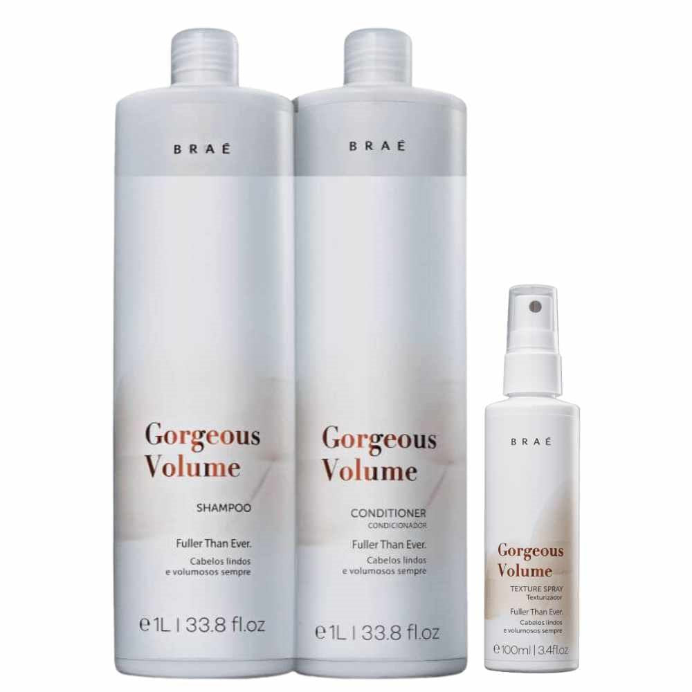 Kit Braé Gorgeous Volume Shampoo 1 Litro + Condicionador 1 Litro + Spray