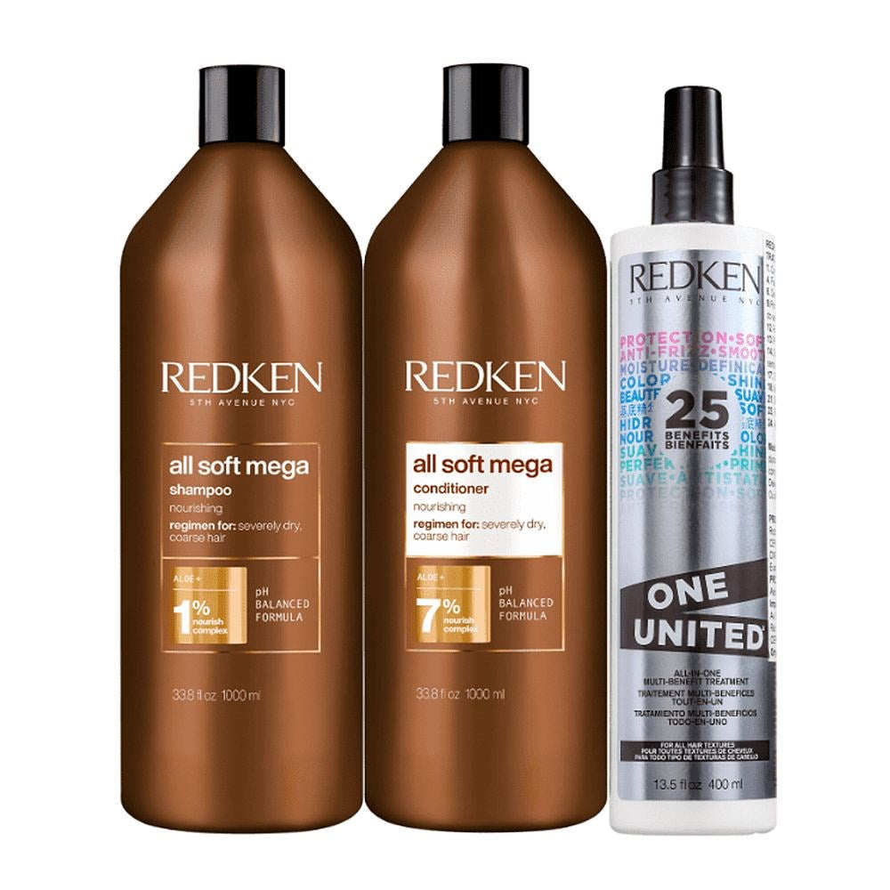Kit Redken All Soft Mega Shampoo + Condicionador 1 Litro + Redken One United 25 Benefits Leave-in 400 ml