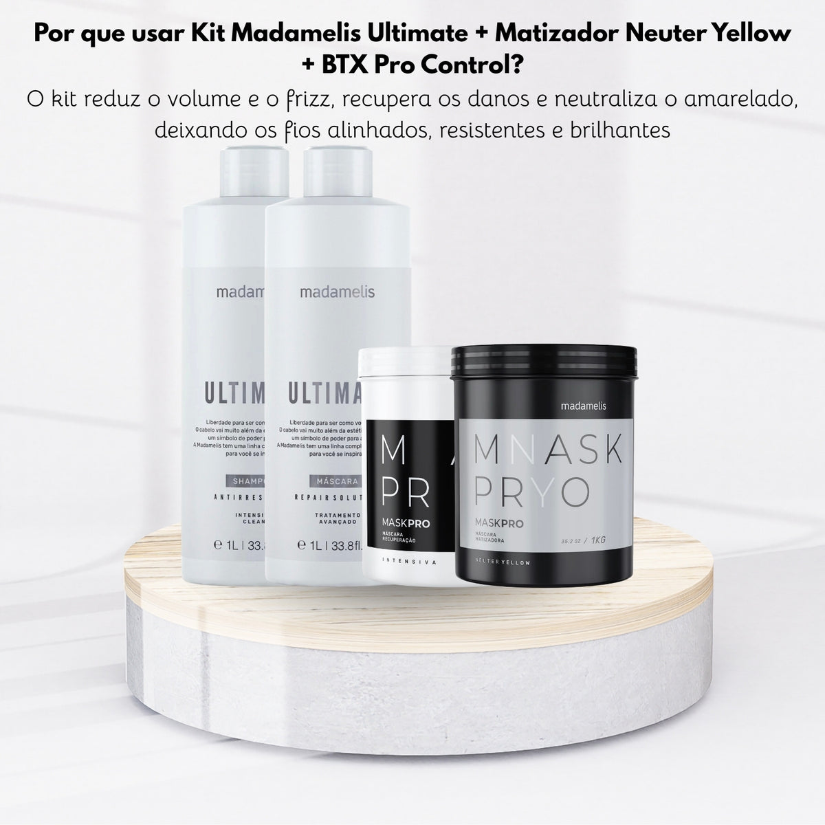 Kit Madamelis Ultimate Escova Progressiva 2 x 1 Litro + Botox Capilar Matizador Neuter Yellow 1 Kg + BTX Pro Control 1 Kg