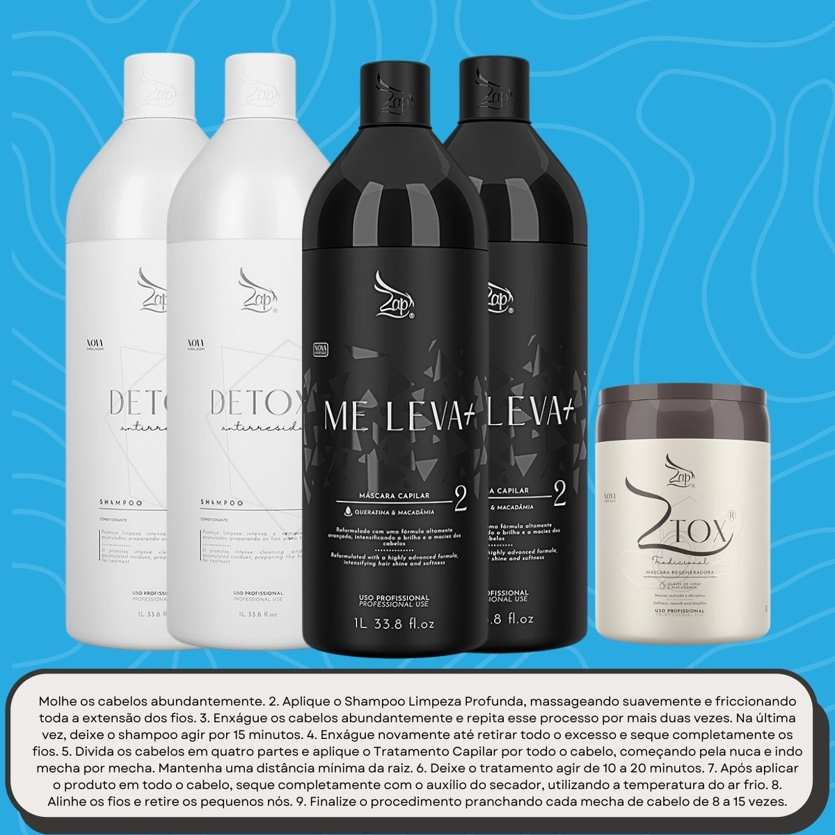 Kit Zap Me Leva+ 2 Shampoo e Máscara (2 x 1 Litro) e Ztox 950 g