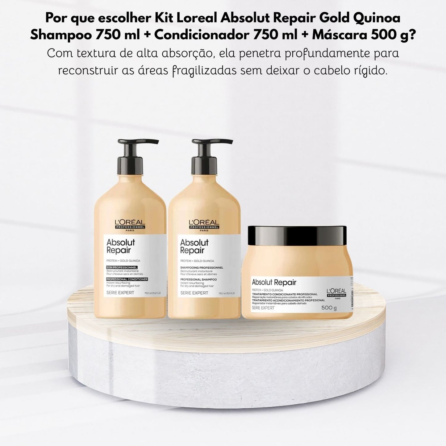 Kit Loreal Absolut Repair Gold Quinoa Shampoo 750 ml + Condicionador 750 ml + Máscara 500 g