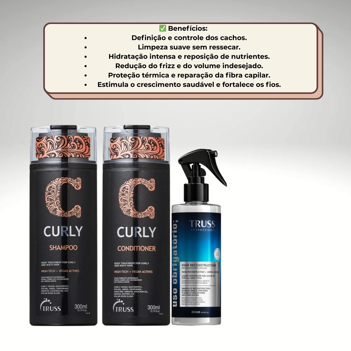 Kit Truss Curly Shampoo 300 ml + Condicionador 300 ml + Uso Obrigatório 260 ml