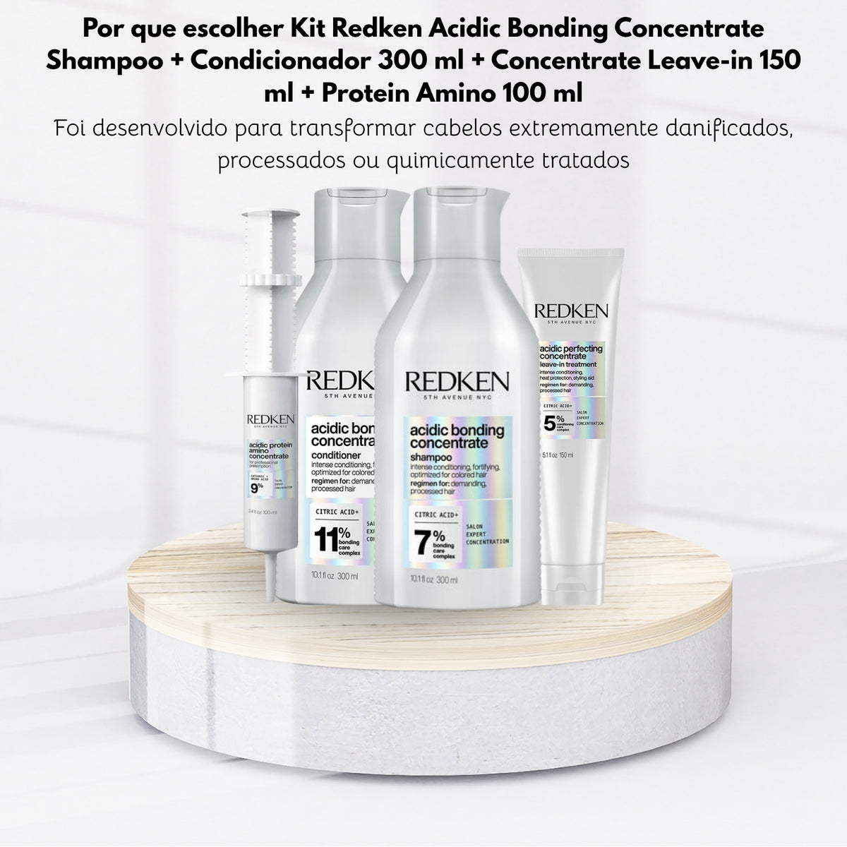 Kit Redken Acidic Bonding Concentrate Shampoo + Condicionador 300 ml + Concentrate Leave-in 150 ml + Protein Amino 100 ml