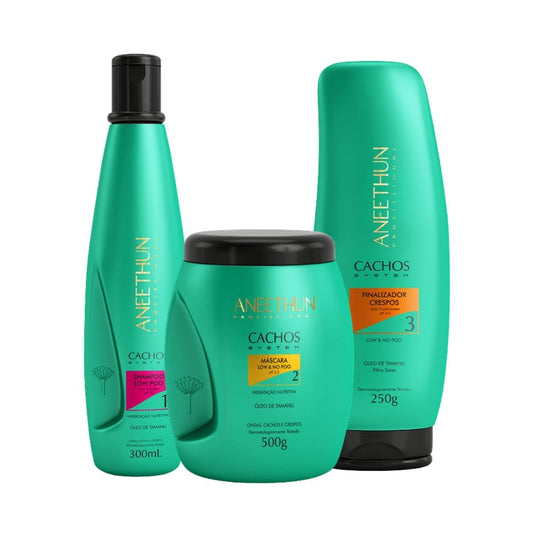 Kit Aneethun Cachos Shampoo 300 ml + Máscara 500 g + Finalizador Crespos 250 g para Cabelo Cacheado