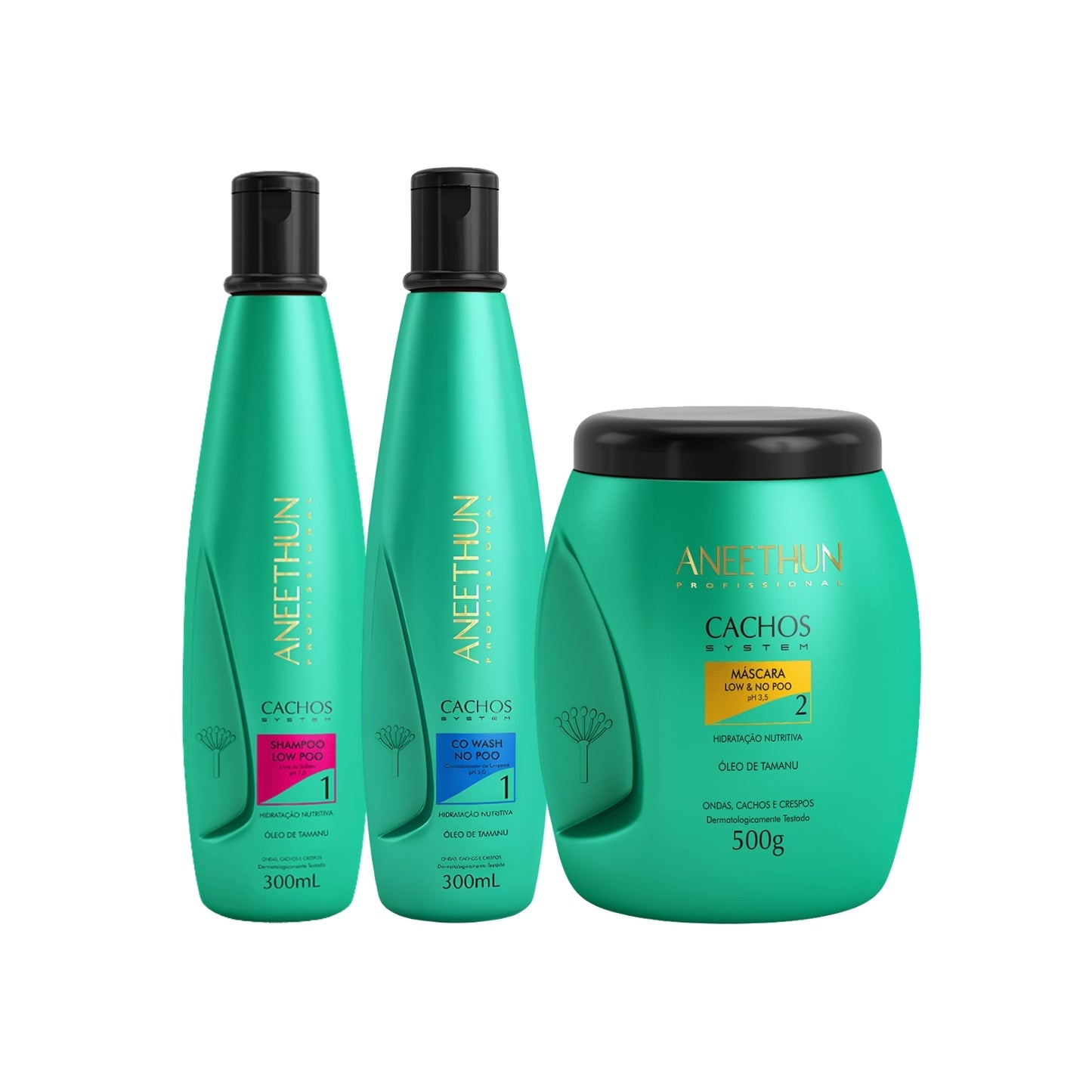 Kit Aneethun Cachos Shampoo 300 ml + Co Wash 300 ml + Máscara 500 g para Cabelo Cacheado