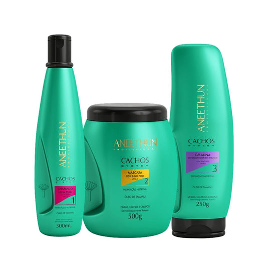 Kit Aneethun Cachos Shampoo 300 ml + Máscara 500 g + Gelatina 250 g para Cabelo Cacheado