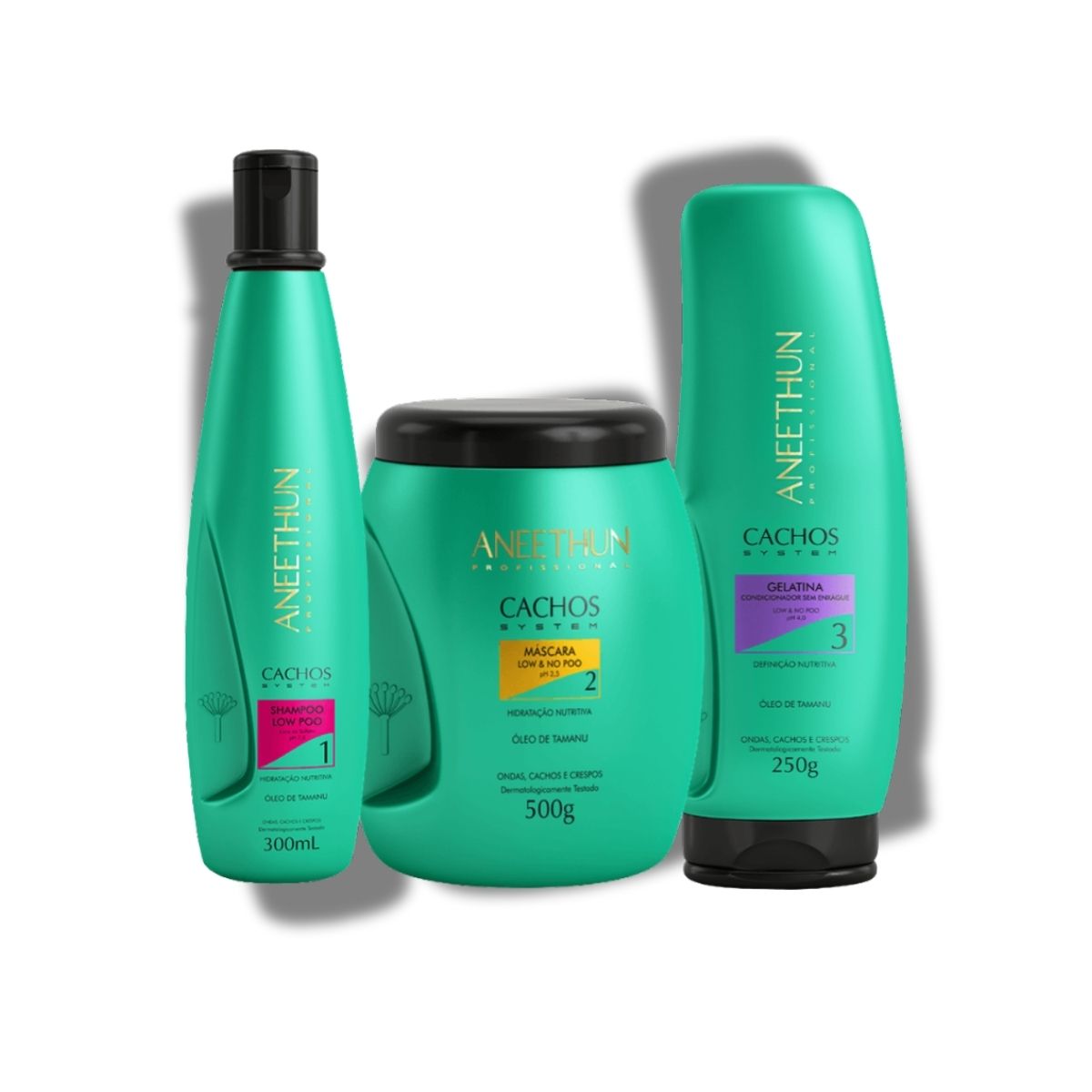 Kit Aneethun Cachos Shampoo 300 ml + Máscara 500 g + Gelatina 250 g para Cabelo Cacheado