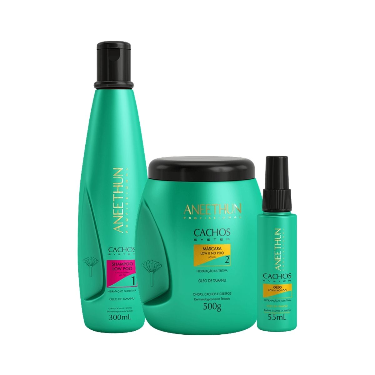 Kit Aneethun Cachos Shampoo 300 ml + Máscara 500 g + Oleo 55 ml para Cabelo Cacheado