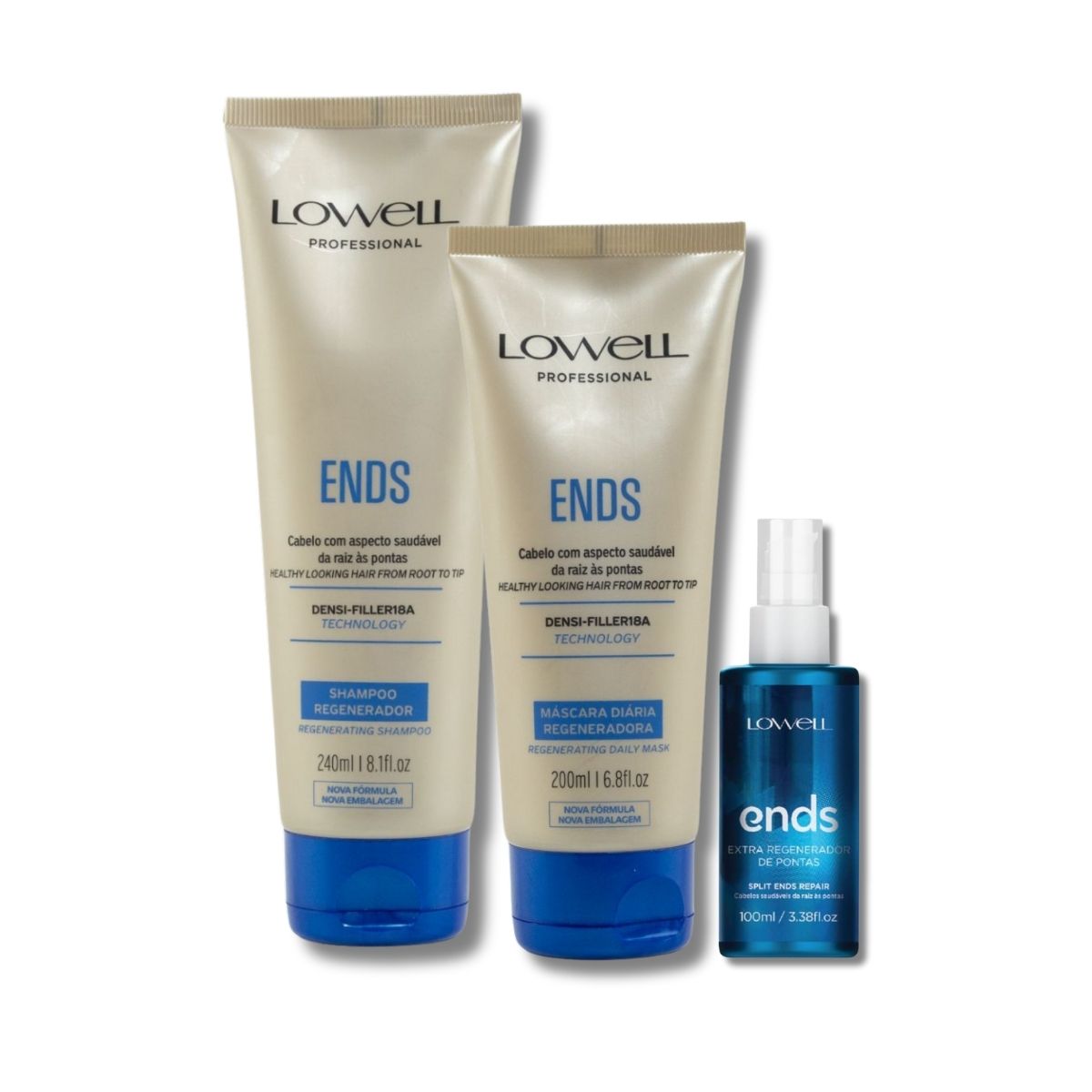 Kit Lowell Ends Regeneração Shampoo 240 ml + Máscara 200 ml + Leave 100 ml