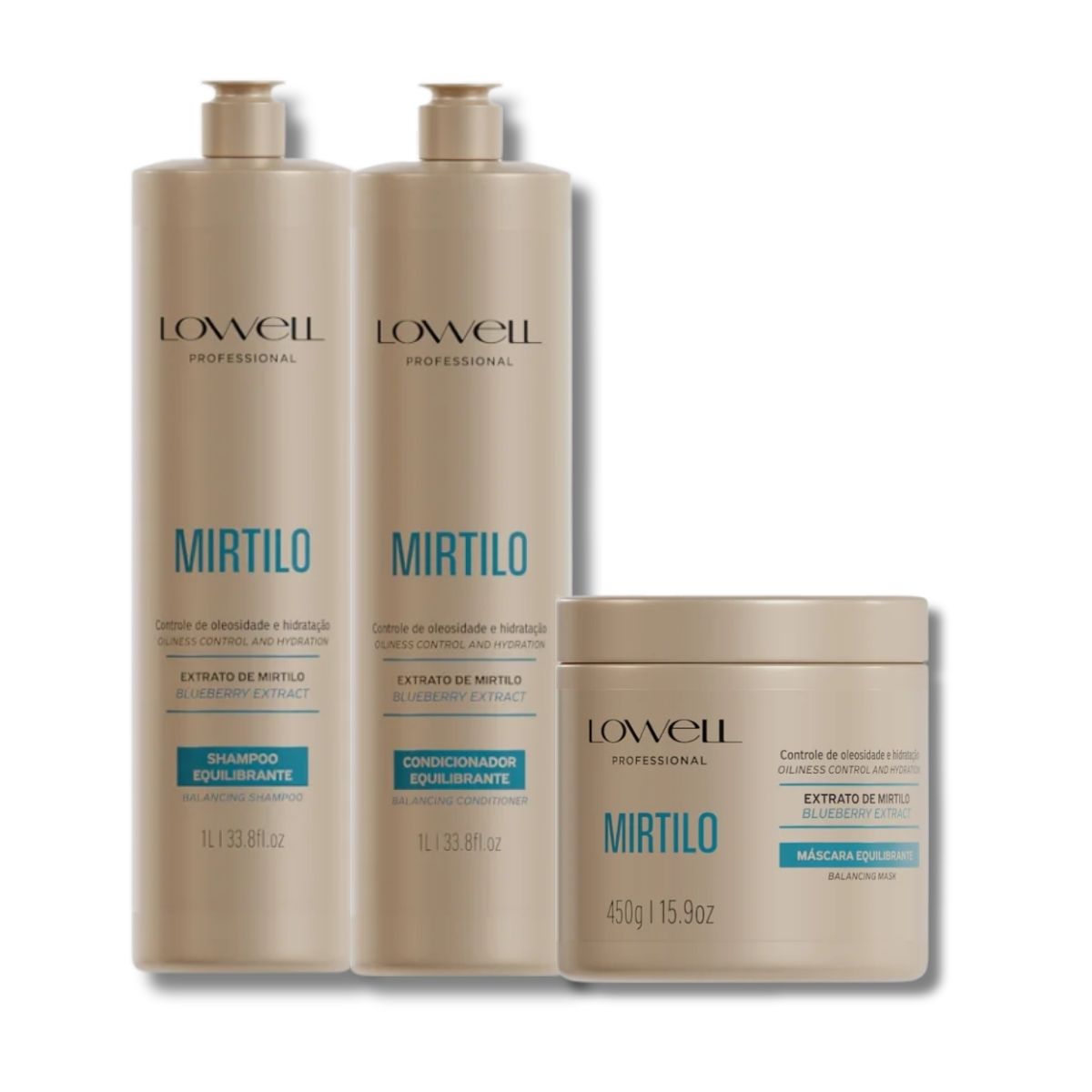 Kit Lowell Extrato de Mirtilo Shampoo 1 Litro + Condicionador 1 Litro + Máscara 450 g