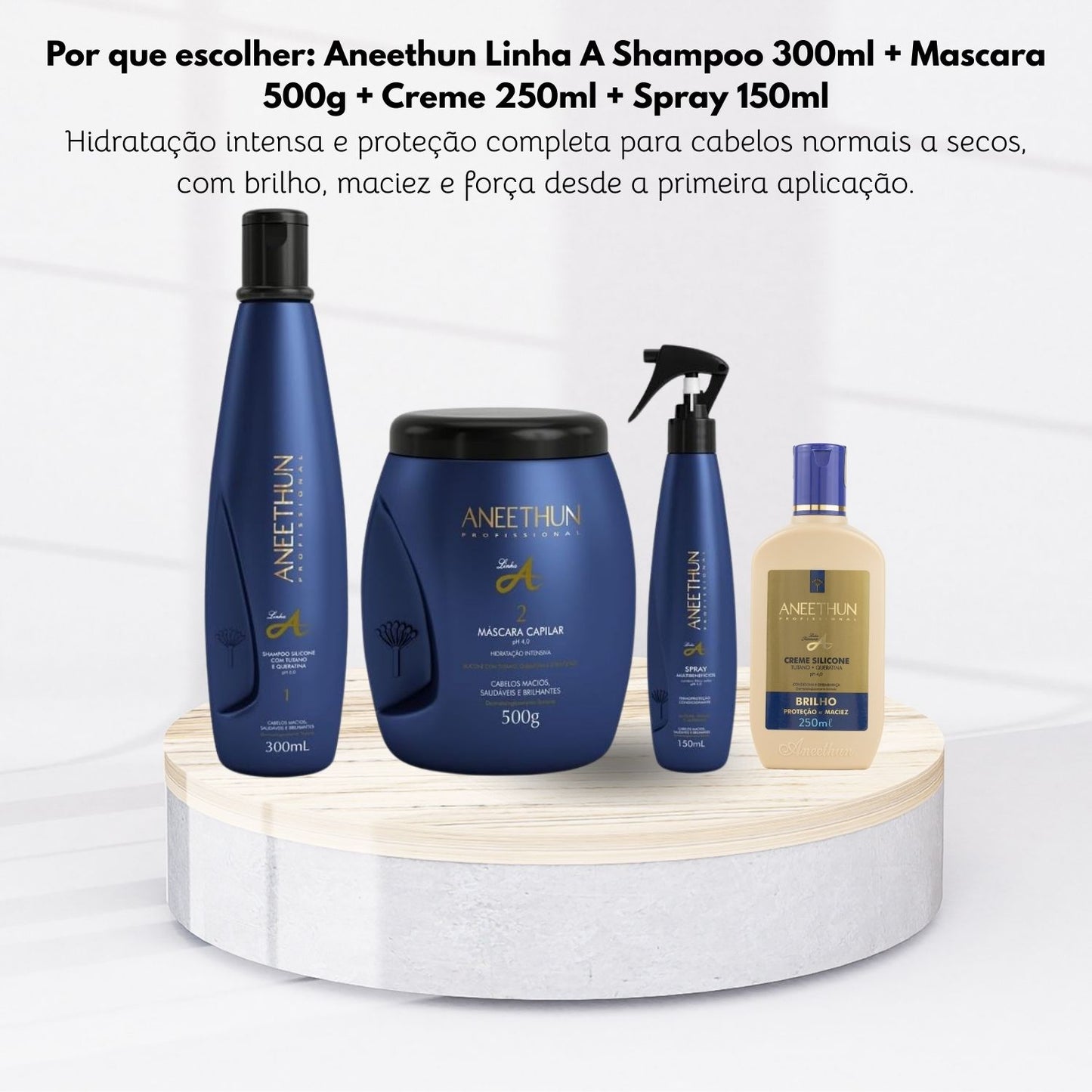 Kit Aneethun Linha A Shampoo 300 ml + Máscara 500 g + Creme 250 ml + Spray 150 ml