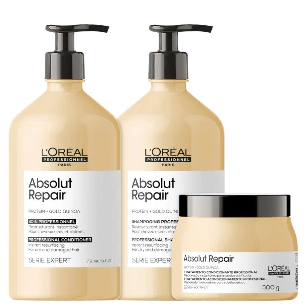 Kit Loreal Absolut Repair Gold Quinoa Shampoo 750 ml + Condicionador 750 ml + Máscara 500 g