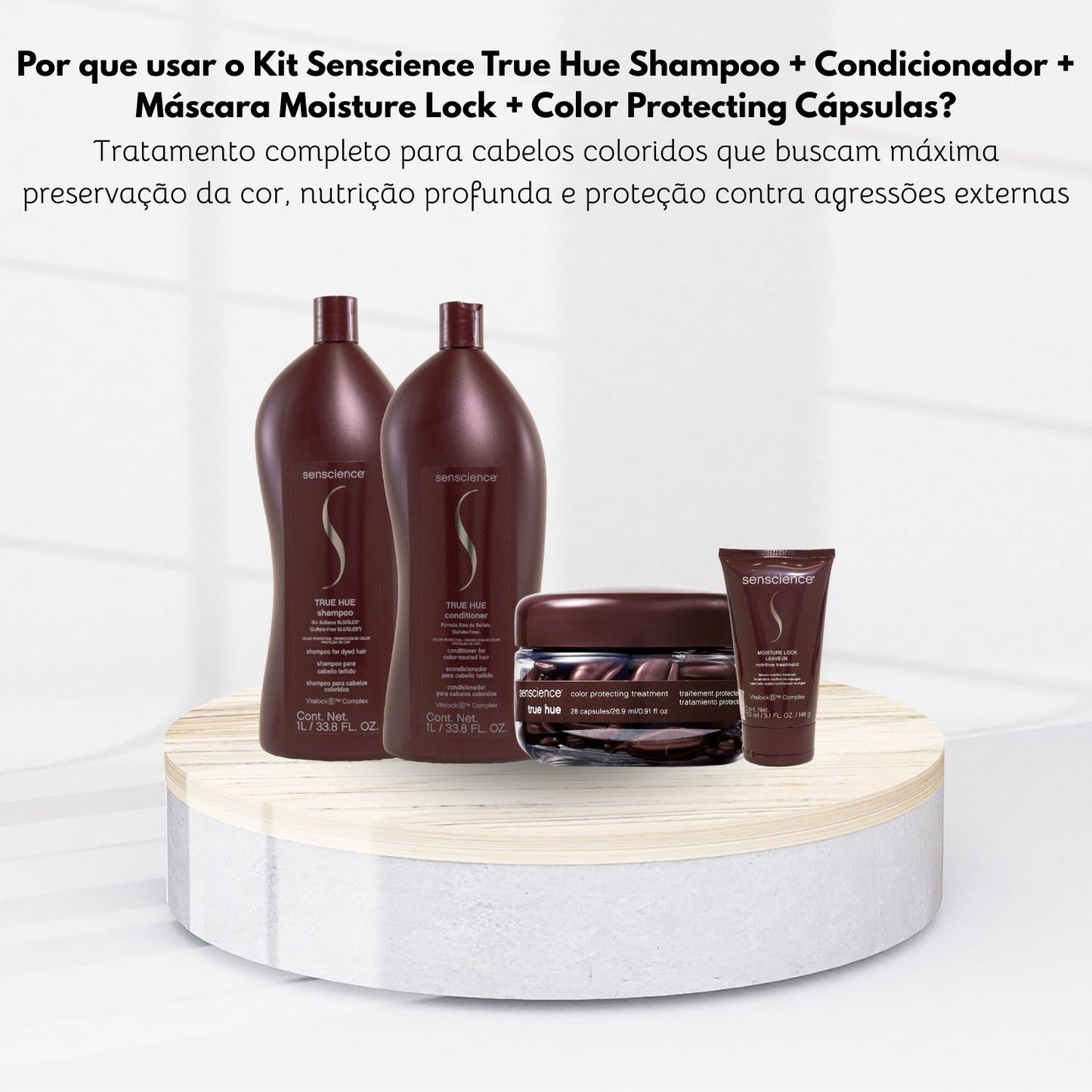Kit Senscience True Hue Shampoo + Condicionador 1 Litro + Máscara Moisture Lock 150 ml + Color Protecting Cápsulas 26,9 ml