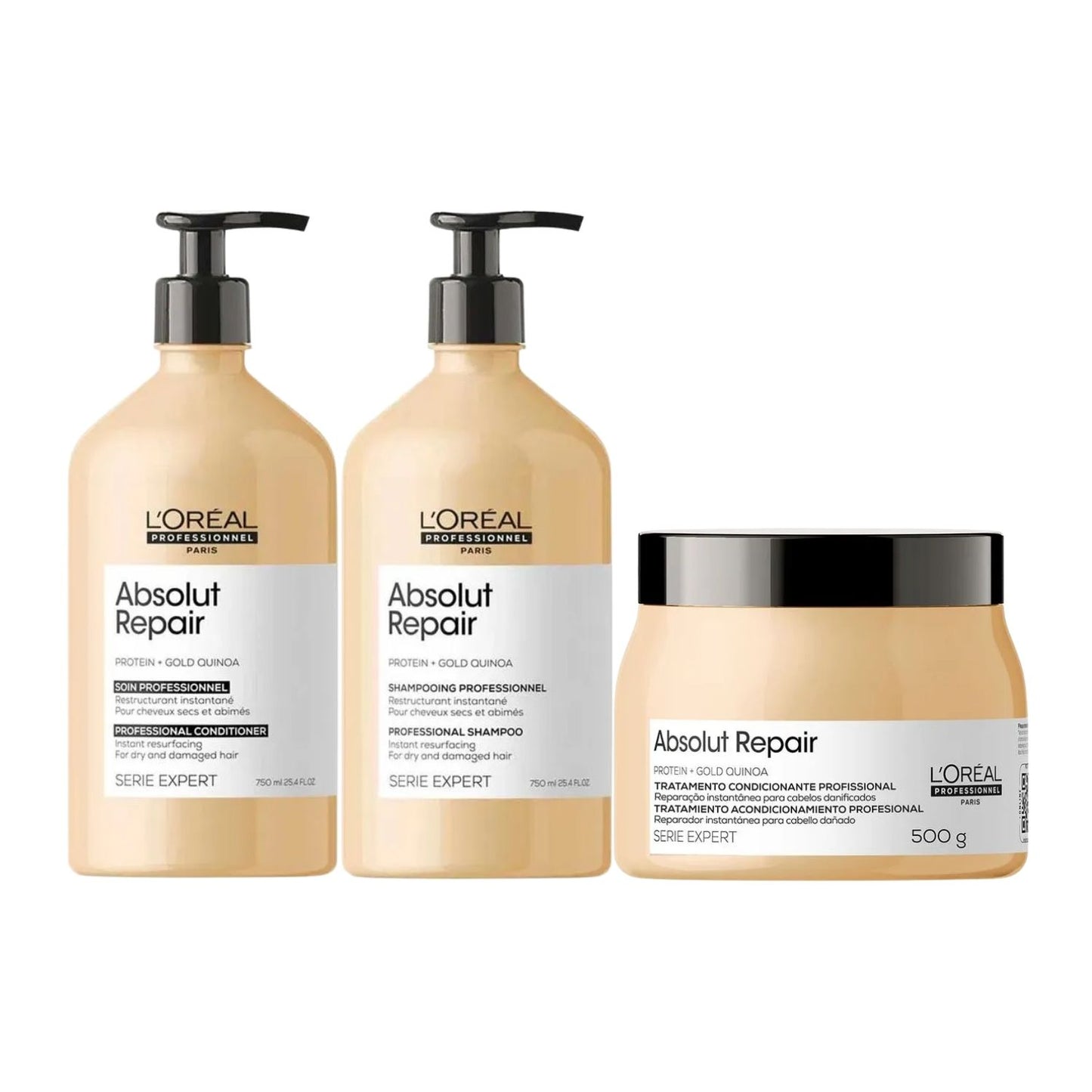 Kit Loreal Absolut Repair Gold Quinoa Shampoo 750 ml + Condicionador 750 ml + Máscara 500 g