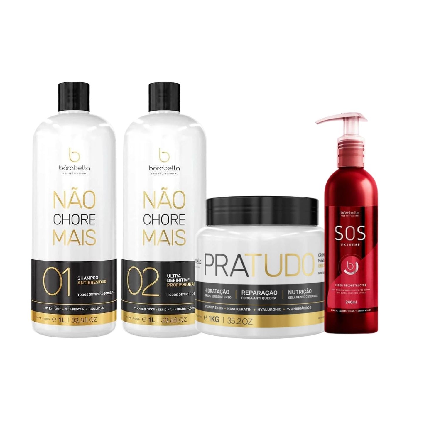 Kit Bórabella Progressiva Not Cry More 2 x 1 Litro + Máscara PraTudo 1 Kg + SOS Extreme 240 ml