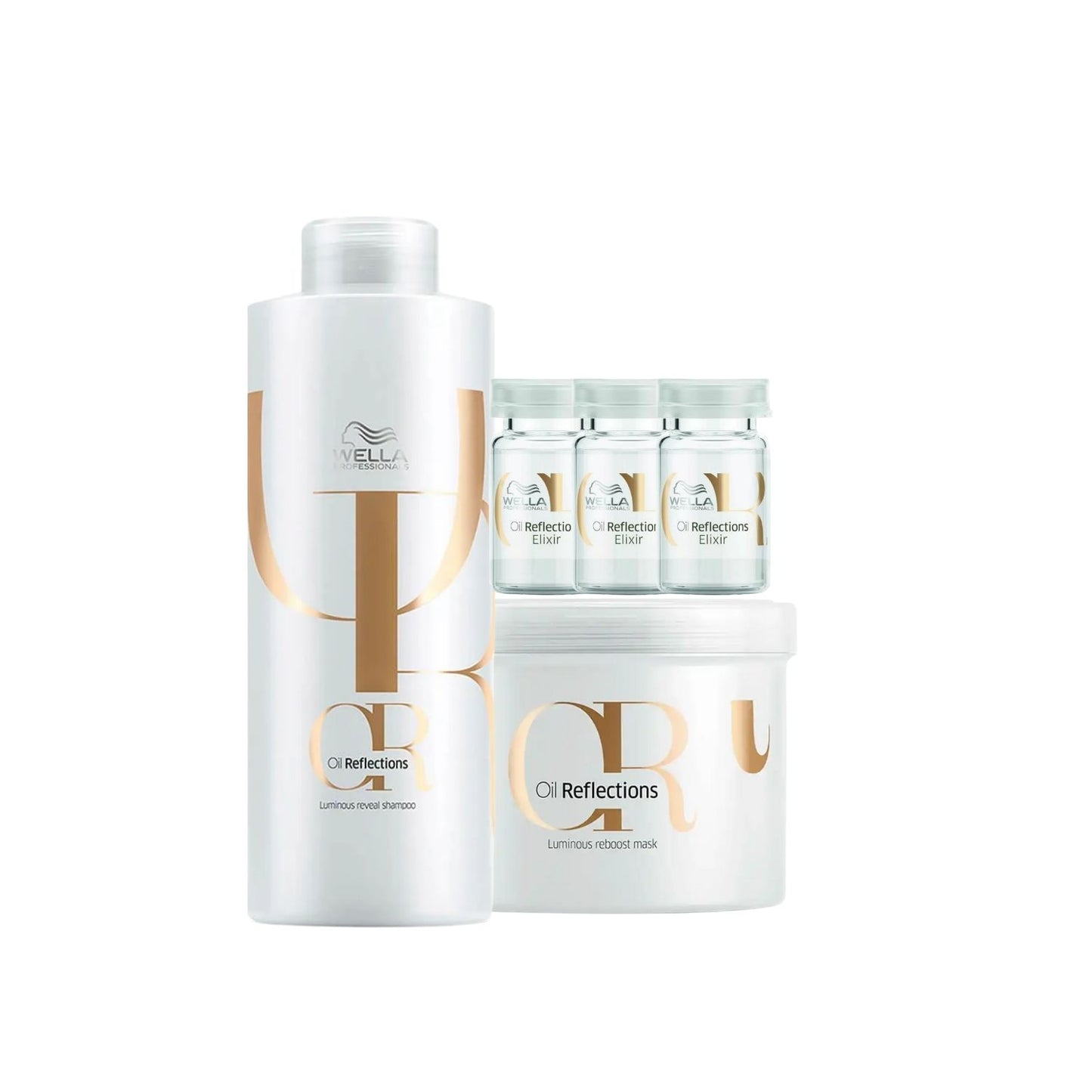 Kit Wella Oil Reflections Shampoo 1 Litro + Máscara 500 ml + 3 Ampolas 6 ml