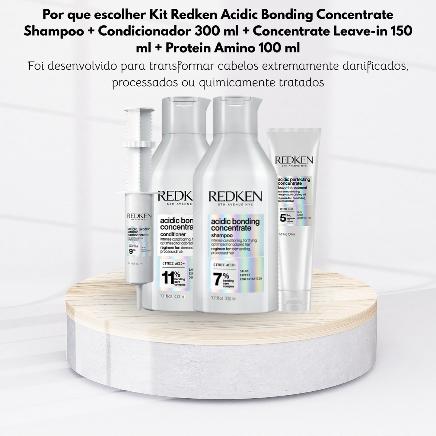 Kit Redken Acidic Bonding Concentrate Shampoo + Condicionador 300 ml + Concentrate Leave-in 150 ml + Protein Amino 100 ml