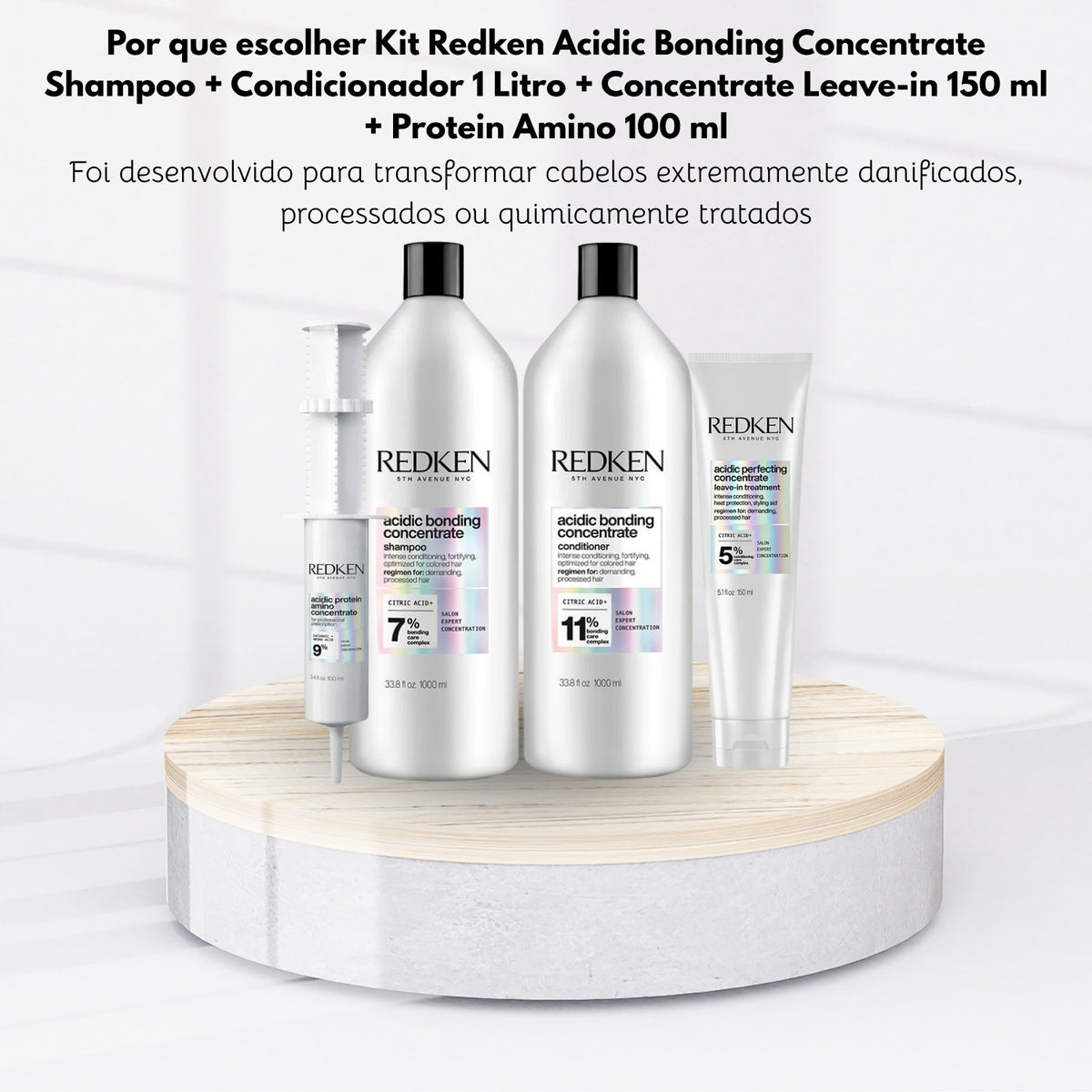 Kit Redken Acidic Bonding Concentrate Shampoo + Condicionador 1 Litro + Concentrate Leave-in 150 ml + Protein Amino 100 ml