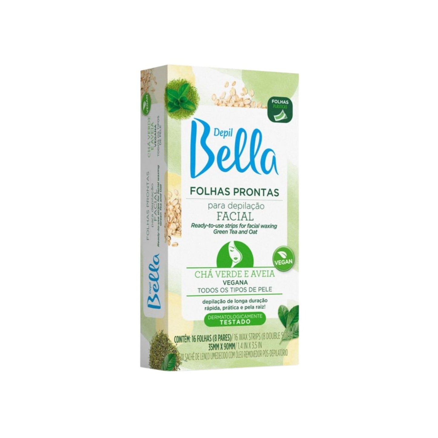 Depil Bella Folhas Prontas para Depilação Facial Chá Verde e Aveia 16 Unidades