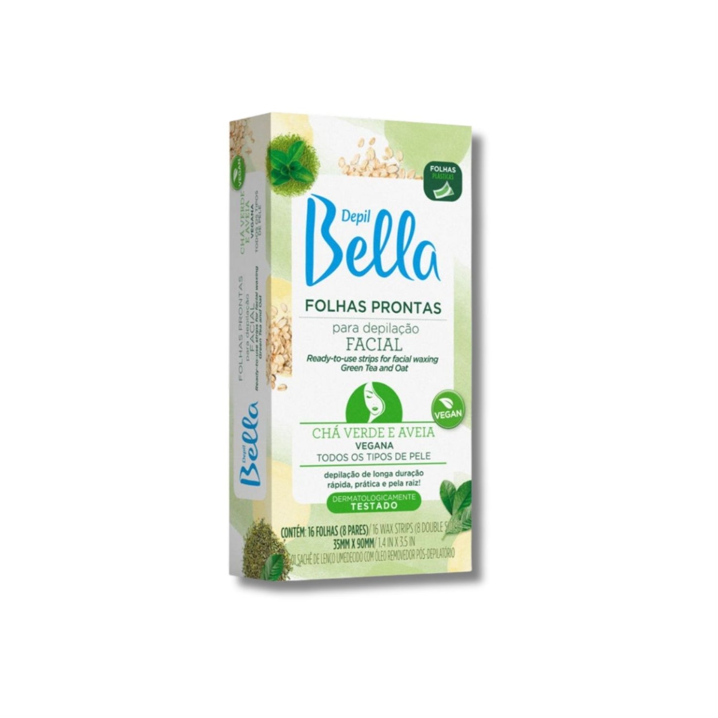 Depil Bella Folhas Prontas para Depilação Facial Chá Verde e Aveia 16 Unidades
