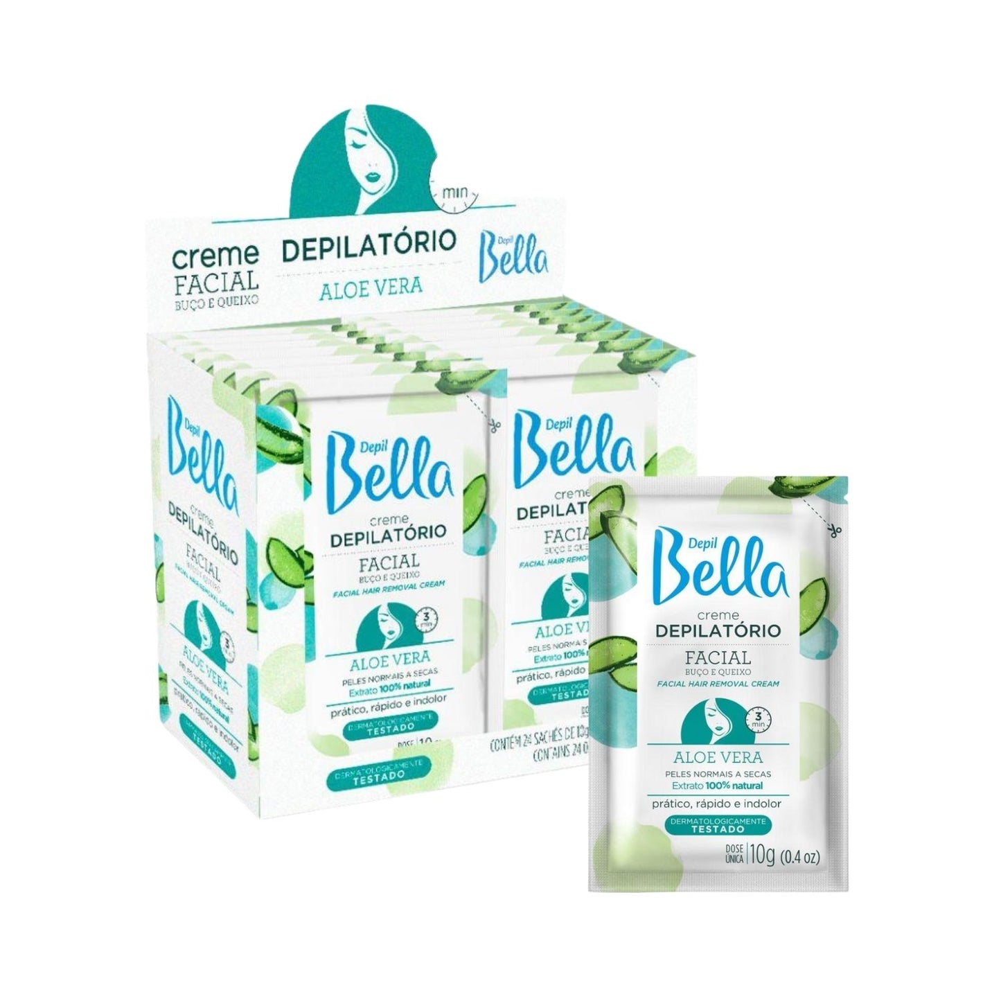 Kit Depil Bella Creme Depilatório Facial Aloe Vera 10 g Caixa 24 Unidades