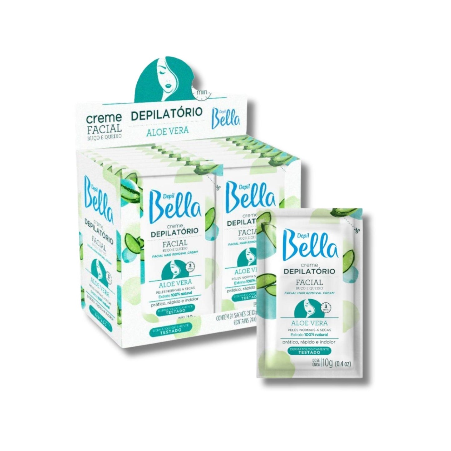 Kit Depil Bella Creme Depilatório Facial Aloe Vera 10 g Caixa 24 Unidades