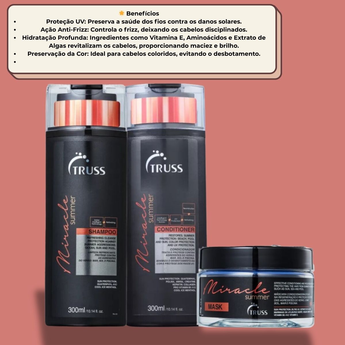 Kit Truss Miracle Summer Shampoo 300 ml + Condicionador 300 ml + Máscara Summer