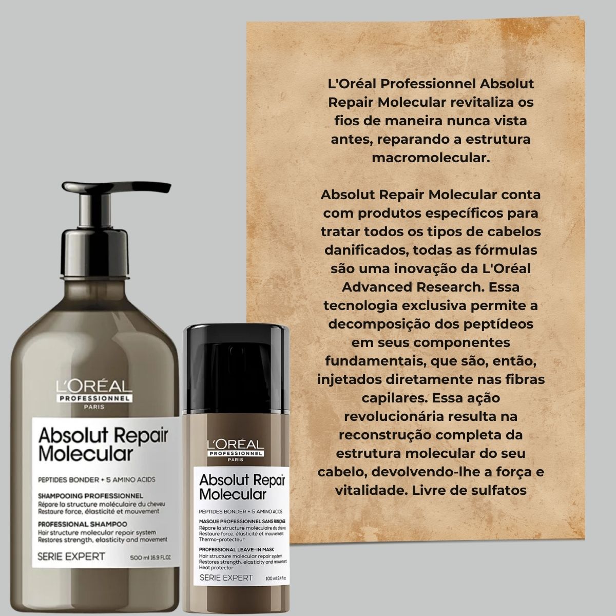 Kit Loreal Absolut Repair Molecular Shampoo 500 ml e Máscara Leave-in 100 ml