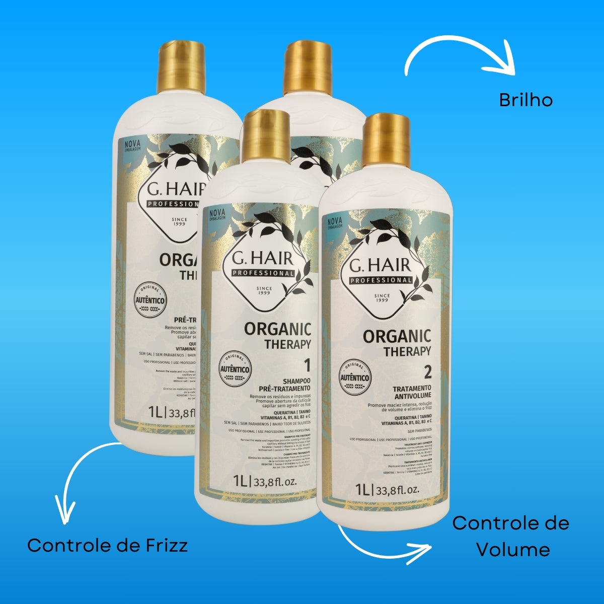 Kit G.Hair Organic Therapy 2 Tratamento Progressiva Antivolume 1 Litro