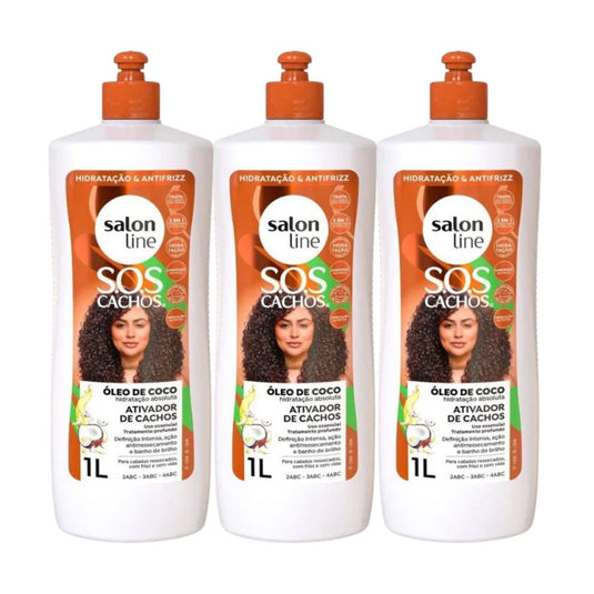 Kit Salon Line S.O.S Cachos Oleo de Coco 3 Ativador para Cabelo Cacheado 1 Litro