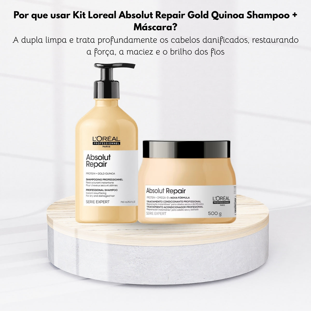 Kit Loreal Absolut Repair Gold Quinoa Shampoo 750 ml + Máscara 500 g