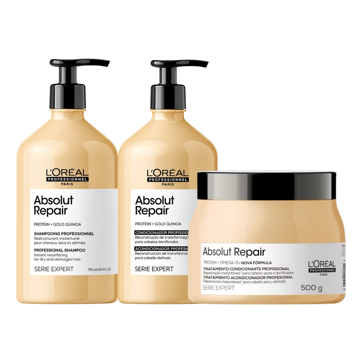 Kit Loreal Absolut Repair Gold Quinoa Shampoo 750 ml + Condicionador 750 ml + Máscara 500 g