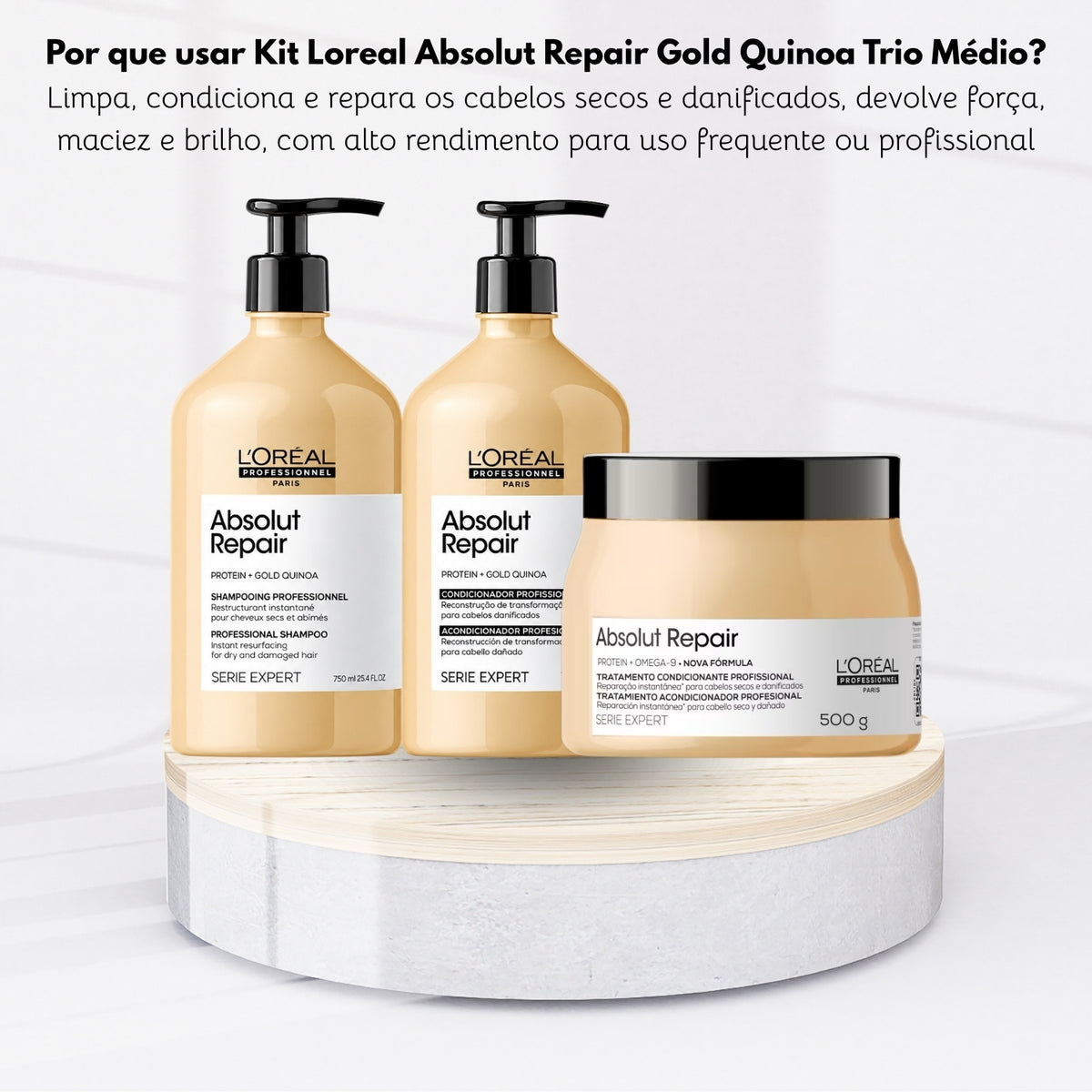 Kit Loreal Absolut Repair Gold Quinoa Shampoo 750 ml + Condicionador 750 ml + Máscara 500 g