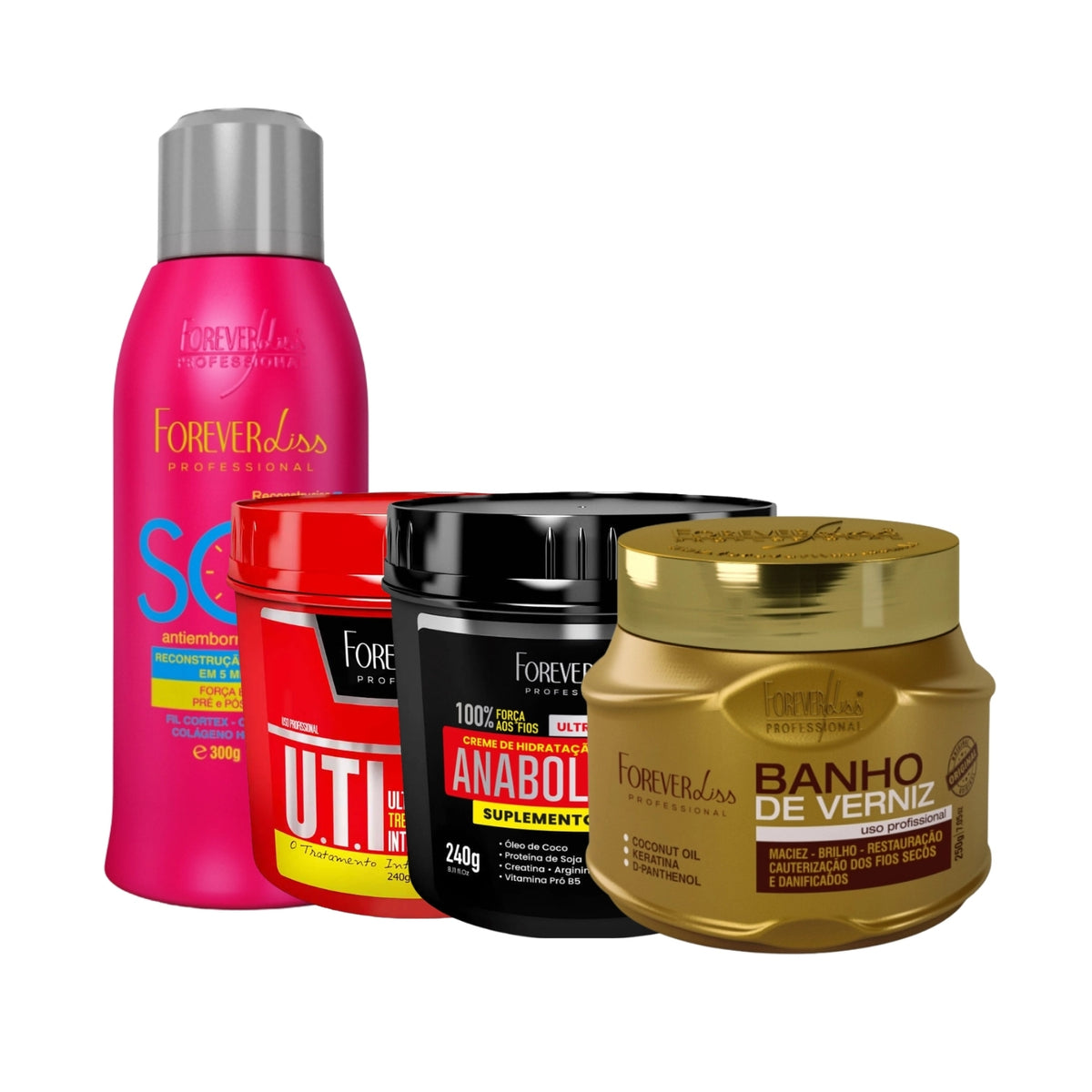 Kit Forever Liss Máscaras UTI 240 g + Anabolizante 240 g + Verniz 240 g + Antiemborrachamento 300 ml