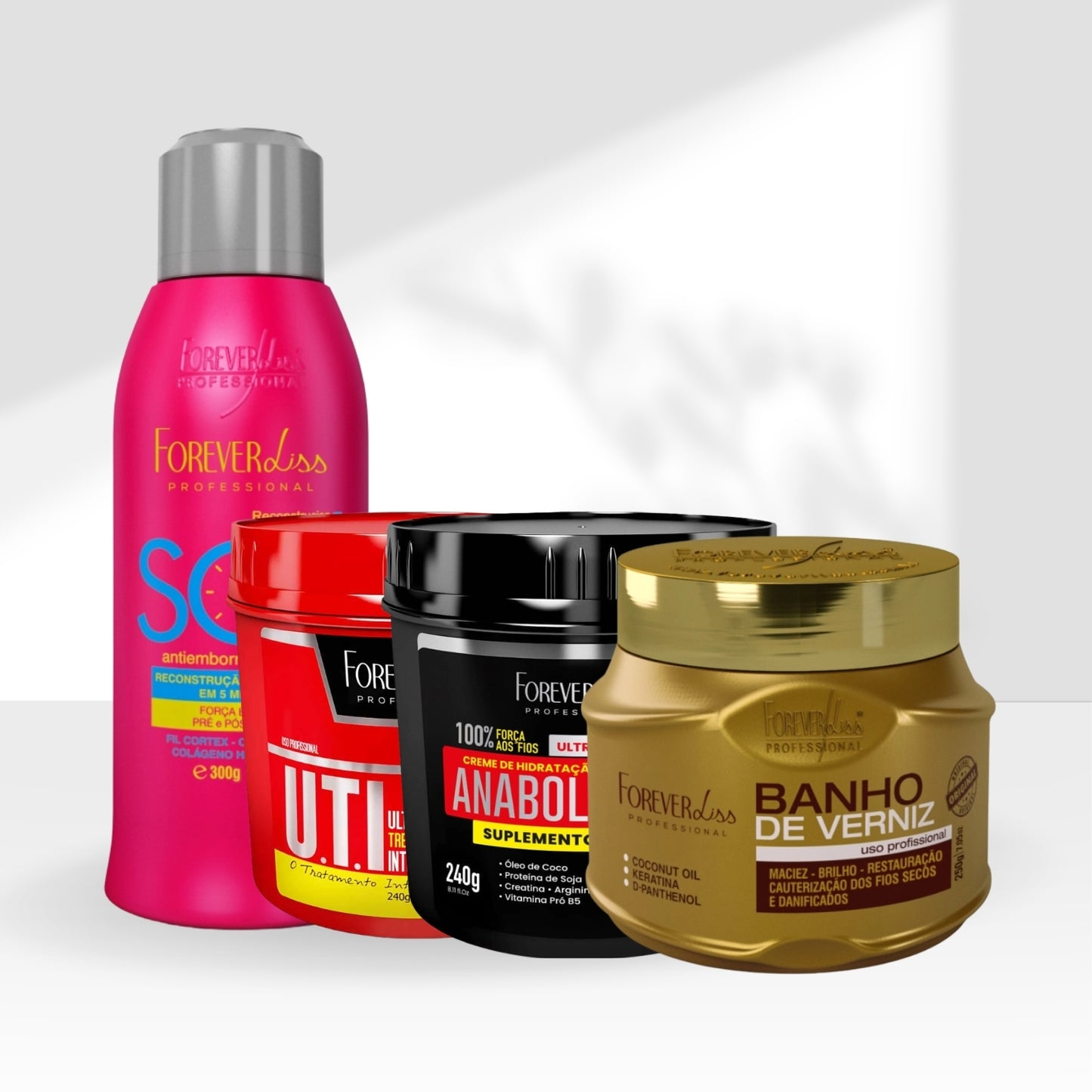 Kit Forever Liss Máscaras UTI 240 g + Anabolizante 240 g + Verniz 240 g + Antiemborrachamento 300 ml