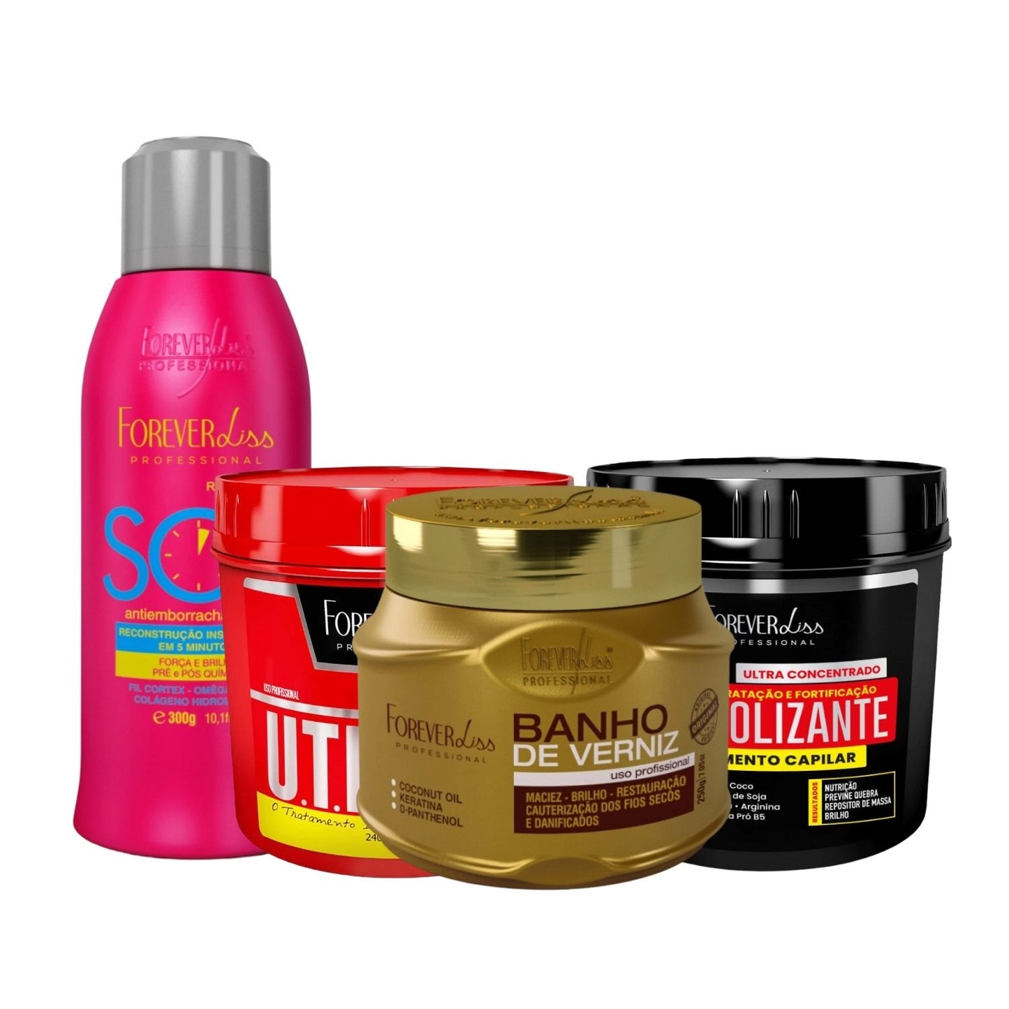 Kit Forever Liss Máscaras UTI 240 g + Anabolizante 240 g + Verniz 240 g + Antiemborrachamento 300 ml