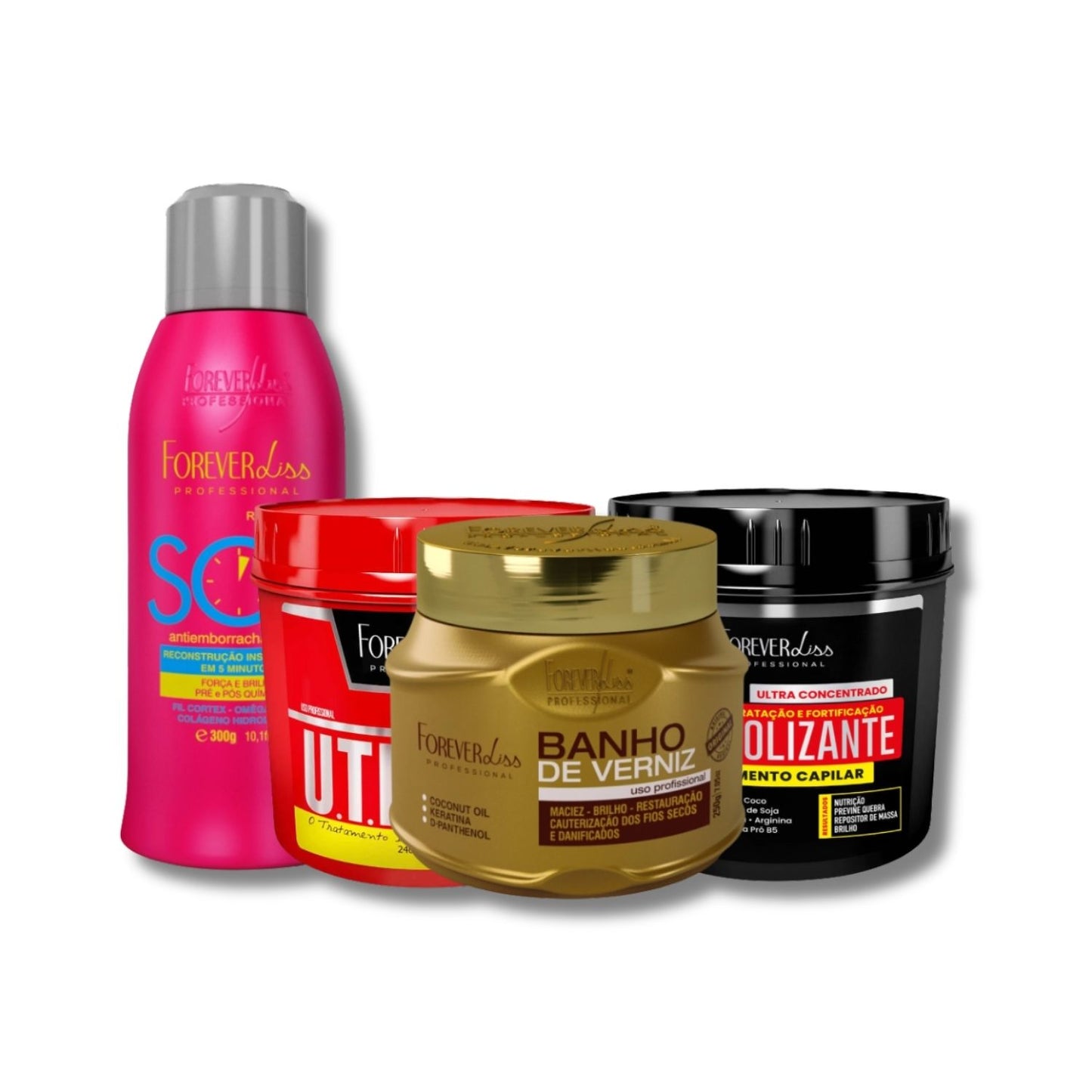 Kit Forever Liss Máscaras UTI 240 g + Anabolizante 240 g + Verniz 240 g + Antiemborrachamento 300 ml