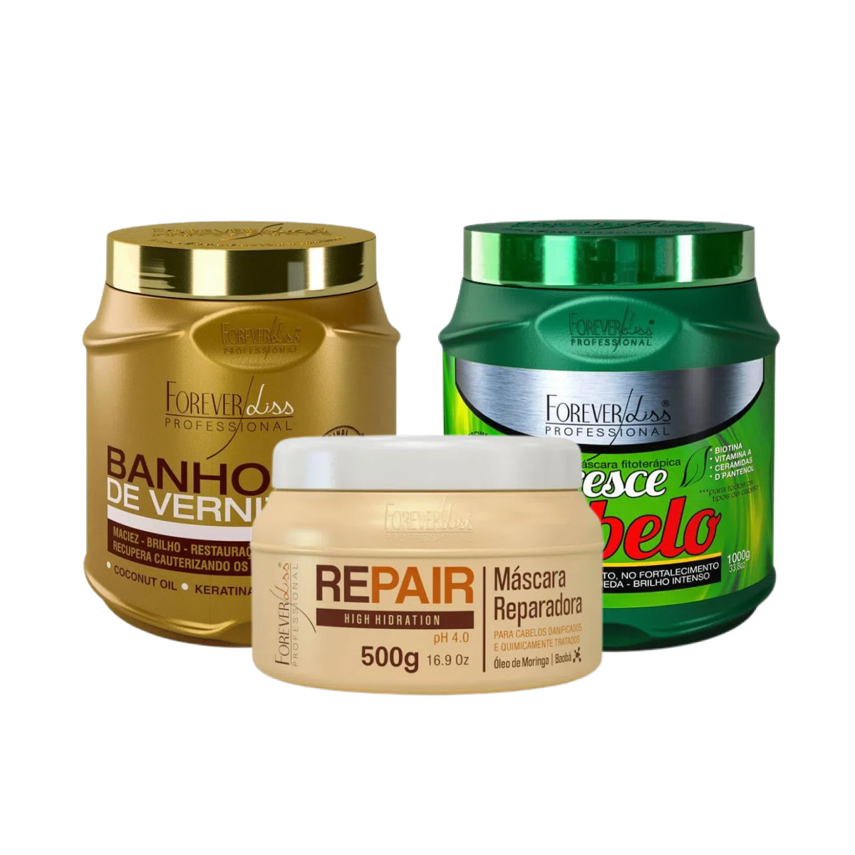 Kit Forever Liss Máscaras Verniz + Force Repair + Cresce Cabelo Grande